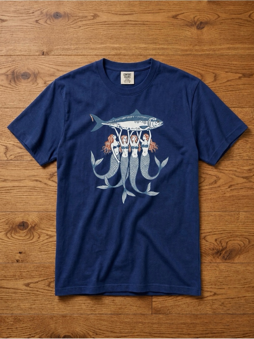 Mermaids Lifting Fish Navy Edgy Art Aesthetic Comfort Colors Reprint Tee